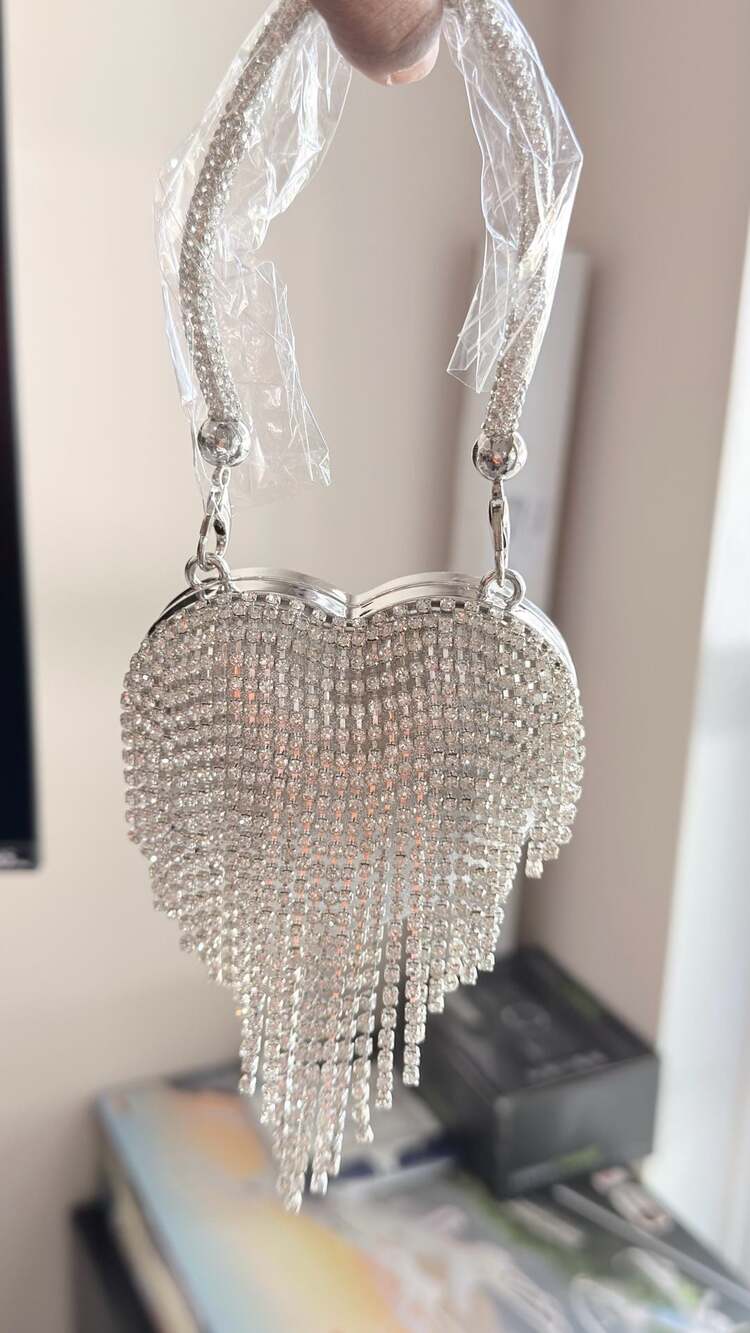 Silver Rhinestone Heart-Shaped Evening Clutch with Fringe Detail